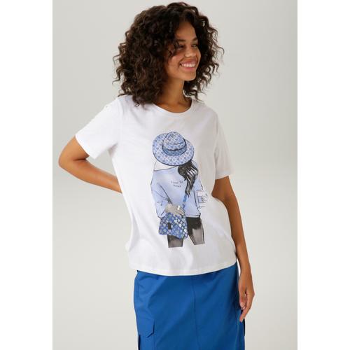 T-Shirt ANISTON CASUAL Gr. 48/50, blau (weiß-hellblau-schwarz-royalblau-silberfarben) Damen Shirts mit silberfarbenem Folienprint verzierter Frontdruck