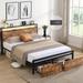 Storage Bed with LED Lights, Storage Headboard and 2 Drawers Charging Station and Metal Slats