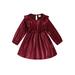 Suanret Toddler Kids Girls Fall Dress Ruffle Long Sleeve Round Neck A-Line Dress Velvet Dress Red 2-3 Years