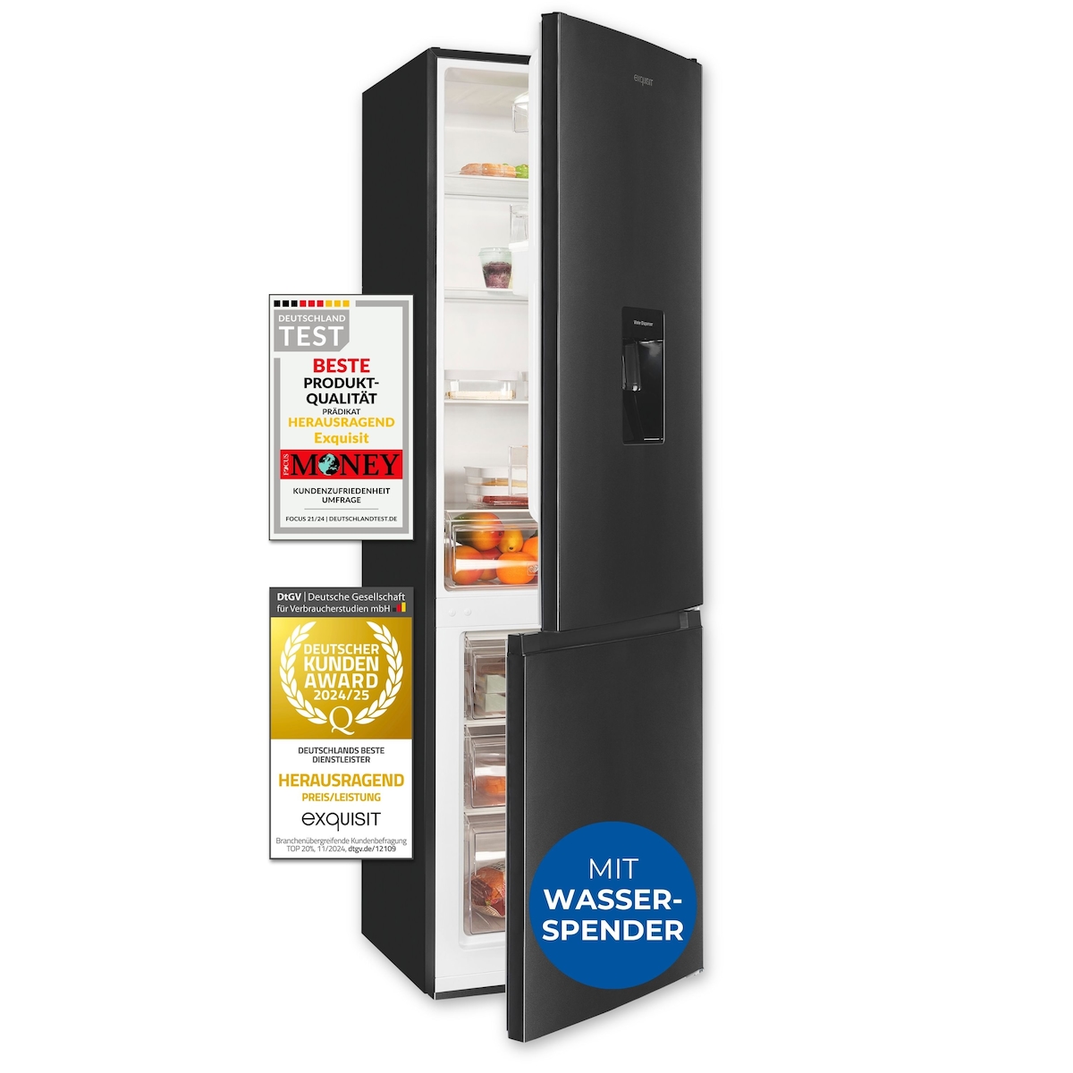 Exquisit Kühl-Gefrier-Kombination, Kühlschrank mit Gefrierfach, 260 Liter, Wasserspender, Alarm-Funktion, KGC5265-70-WS-040D inoxlook-az Image