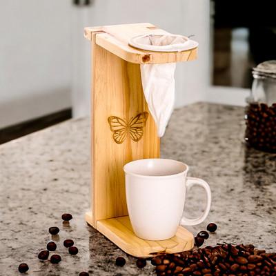 'Butterfly-Themed Pinewood Single-Serve Drip Coffee Stand'