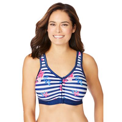 Plus Size Women's Wireless Front-Close Lounge Bra by Comfort Choice in Evening Blue Floral Stripe (Size 50 C)