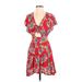 Brave Soul Casual Dress - A-Line Plunge Short sleeves: Red Floral Dresses - Women's Size X-Small