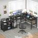 17 Stories Aranson 55" L Shaped Desk w/ Power Outlets, LED Light, Monitor Stand & Storage Shelf Wood/Metal in Black | 55 W x 19.6 D in | Wayfair