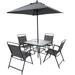 6 Pieces Folding Patio Dining Set, All Weather Outdoor Garden Patio Furniture Set w/Umbrella, Glass Table & 4 Folding Chairs