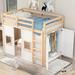 Wood Loft Bed with Built-in Storage Wardrobe and 2 Windows