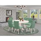 East West Furniture Kitchen Set Consists of an Oval Dining Table and Upholstered Chairs, Linen White (Pieces Options)