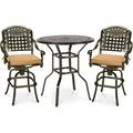 MEETWARM 3-Piece Patio Swivel Bar Set All-Weather Cast Aluminum Outdoor High Bar Stool Bistro Set for Backyard Garden Deck w/2 Cushions Bar Chairs with Footrest and 35.4 Bar Table 2 Umbrella Hole
