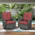 PARKWELL 2PCS Outdoor Swivel Gliders - Patio Wicker Bistro Furniture Set for Porch Balcony Backyard - Red Cushioned Swivel Rocking Chairs in Gray Wicker