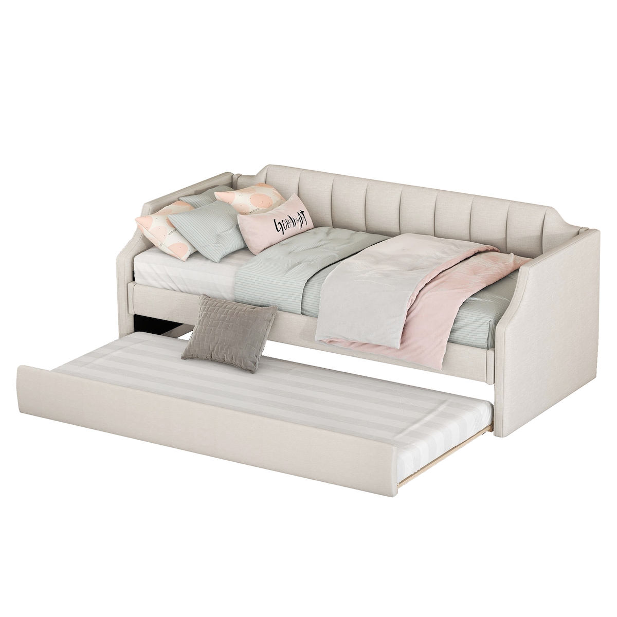 Merax 90 x 200(190) DAY-Betten, Gepolstertes Einzeltagesbett mit Rollbett, Beige Image