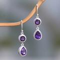 Splendid Purple,'925 Silver Dangle Earrings with Round & Pear Amethyst Stones'