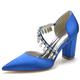 VACSAX Women's High Chunky Heel Dress Pumps Shoes Sparkly Crystal Strappy Pointed Closed Toe Block Heels for Women,Blue,8 UK