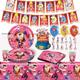 Digital Circus 126-piece themed party supplies including banners, cake balloons, tablecloths, birthday party backdrops, party favors and more.