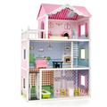 COSTWAY Wooden Dolls House, Large 3-Storey Dollhouse with Simulated Rooms, Furniture Accessories, Adorable Wallpapers, DIY Pretend Dream House Playset Gift for Children 3 Years Old+ (10 Furnitures)