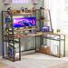 Inbox Zero Malakah 63" L Shaped Gaming Desk w/ LED Lights, Power Outlets, Hutch, Monitor Stand & Hook Wood/Metal in Brown | Wayfair