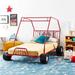 Youth Go Kart Design Twin Bed with 4 Wheels & Racing Flag Decor Headboard, Metal Tube Supporting Slat System, No Box Spring Need