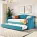 Twin Size Daybed Frame Concise Rays Pattern Design Velvet Upholstered Daybed with 2 Drawers Wood Slat Support - Blue