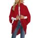 Defitshape Women s Open Front Sweater Cardigan High Low Fuzzy Faux Fur Collar Poncho Cape Winter Knit Fringed 3/4 Sleeve Coat Jacket Red One Size