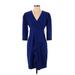 Julia Jordan Casual Dress - Wrap Plunge 3/4 sleeves: Blue Print Dresses - Women's Size 4