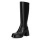 Dsevht Black Leather Knee High Boots for Women Platform Chunky Block Heeled Boots Round Toe Fashion Dress Boots, Black, 4 UK