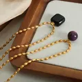 Collier en acier inoxydable pour femme pendentif en verre noir chaîne de cou perlée plaquée or