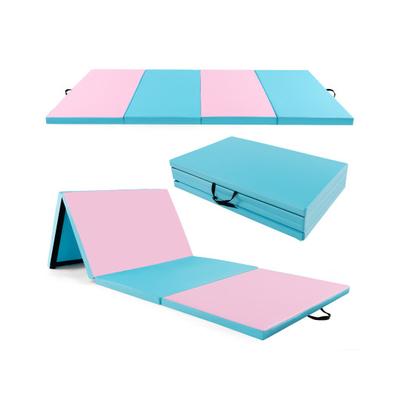 Costway 4-Panel PU Leather Folding Exercise Mat with Carrying Handles-Pink & Blue