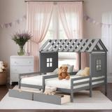 Twin Size House Shaped Children Platform Bed with 2-Drawers for Kids Room, Wooden Kids Storage Bed Frame for Bedroom, Grey