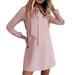 Pink Casual Dresses 2022 Fashion Solid Color Bow Tie Long Sleeve V Neck Knitted Knee Length Dress Womens Dresses Size M