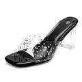 Shion ShaaYii Womens Clear Square Toe Heels Sandals Chunky Heels Transparent Rhinestone Strap Slip on Mules for Women Party Dating Daily Standard Size 2.95 Inch, Black+rhinestone, 6 UK