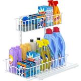 Bextsrack Pull Out Cabinet Organizer 2 Tier Wire Basket Under Sink Slide Out Storage Shelf with Sliding Drawer Storage - Cabinet Opening White