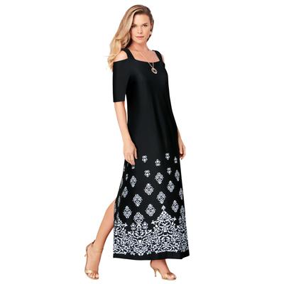 Plus Size Women's Ultrasmooth® Fabric Cold-Shoulder Maxi Dress by Roaman's in Black Damask Border (Size 22/24) Long Stretch Jersey