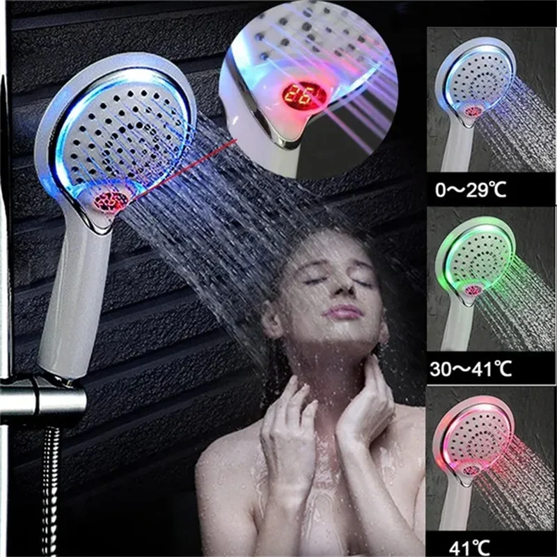 Pommeau de douche LED, affichage numérique, 3 couleurs, température contrôlée, décoloration, alimenté par l'eau, accessoires de quincaillerie de salle de bains