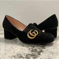 Gucci Shoes | Gucci Marmont Heels Gg Logo Suede Fringe Kiltie Black Pumps Shoes Size 36.5 | Color: Black | Size: 36.5eu