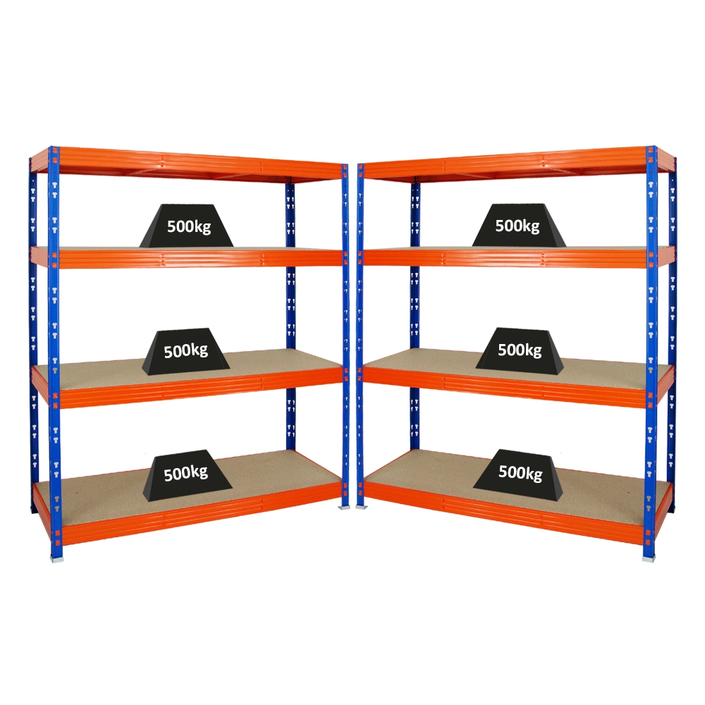 PROREGAL Mega Deal 2x Profi Schwerlastregal Rhino | HxBxT 180x160x60cm | 4 Spanplatten-Ebenen 8mm | Fachlast 500kg | Blau-Orange Image