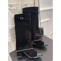 Bottes droites en daim noir pour femmes chaussures au genou décontractées bottines rondes en cuir