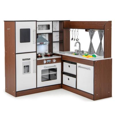 Costway Wooden Corner Play Kitchen with Water Circulation System and Lights-Brown