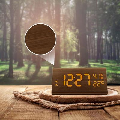 Wooden Digital Alarm Clocks, 6 Levels Dimmer,Temperature and Humidity Display