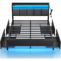 Bed Frame Queen Size With Charging Station And LED Lights Upholstered Storage Headboard With Drawers Heavy Duty Metal Slats No Box Spring Needed Noise Free Easy Assembly Dark Grey