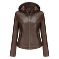 Besolor Leather Hooded Jacket for Women Classical Long Sleeve Zip-Up Slim Motorcycle Biker Coat Lightweight Fall Outwear