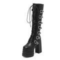 OAUSZC Women Platform Block High Heel Combat Boots Lace Up Goth Punk Square Toe Heart Buckle Knee High Boots,Black PU,7 UK