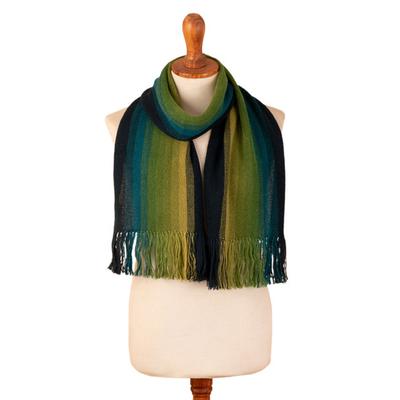 Citron Stripes,'Shades of Navy, Peacock and Citron 100% Alpaca Knit Scarf'