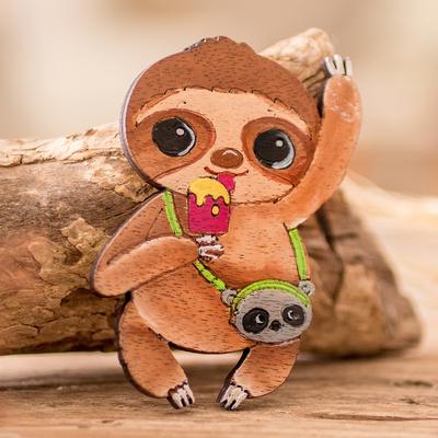 'Hand-Painted Whimsical Traveler Sloth Pinewood Magnet'
