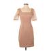 London Times Casual Dress - Party Square Short Sleeve: Tan Solid Dresses - Women's Size 4 Petite