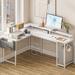 Ebern Designs Rigny L Shaped Desk 95" W Reversible w/ Power Outlets LED Lights Gaming Desk Wood/Metal in Brown/Gray/White | Wayfair