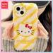 Miniso Hello Kitty Plush Stripes Iphone15Promax Cartoon 14 Full Pack 13/12 Embroidery Phone Case Girls Birthday Christmas Gift