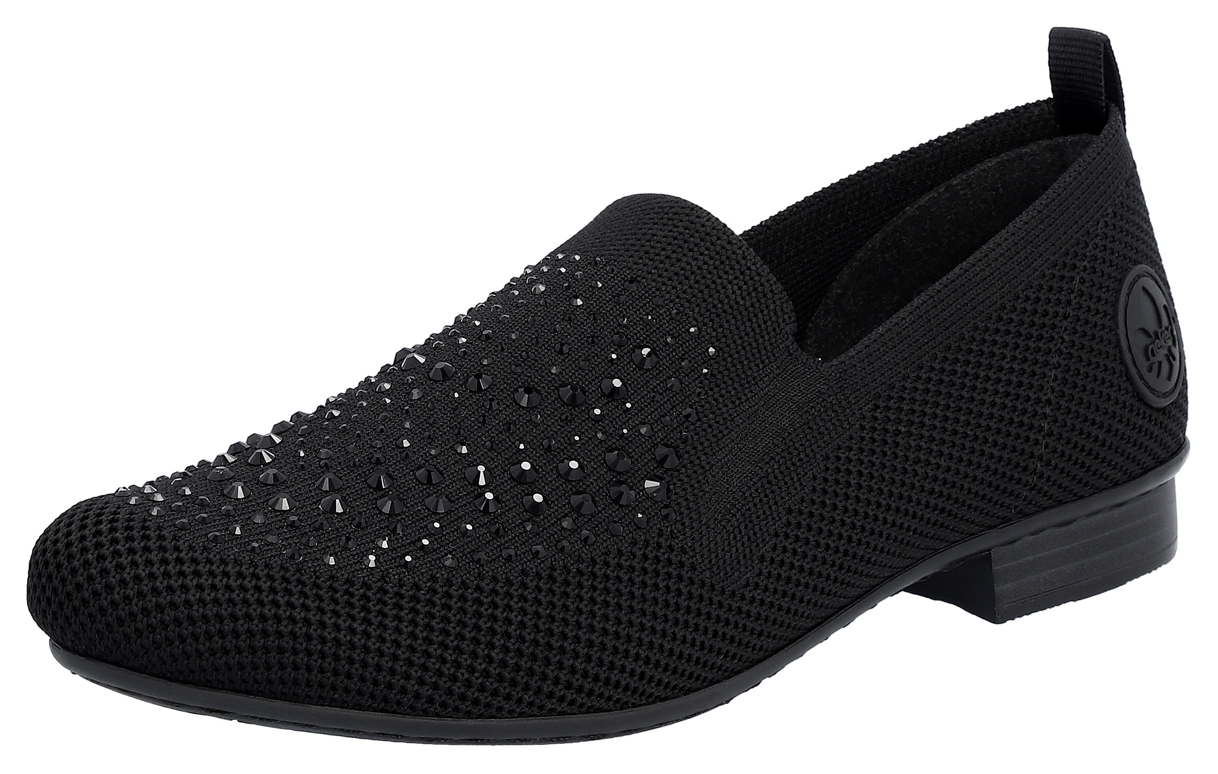 Slipper RIEKER, Damen, Gr. 42, schwarz, Textil, Schuhe Slipper, Loafer, Business Schuh mit Strass-Steinchen verziert