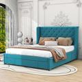 House of Hampton® Harsirat Queen Platform Bed w/ Drawer & Wingback Headboard Wood & /Upholstered/Velvet in Blue | 45.5 H x 65 W x 84.4 D in | Wayfair