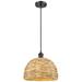 Woven Rattan 12" Wide Matte Black Corded Pendant With Natural Shade