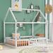 Twin/Full Size Montessori House Bed for Kids, Wood Floor Beds with Fence Railings & Door, Twin/Full Playhouse Bed for Boys Girls