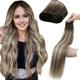 LaaVoo Weft Hair Extensions Real Human Hair 14Inch 80g Balayage Dark Brown to Light Brown and Blonde Sew in Hair Extensions Remy Double Weft Extensions #3/8/24